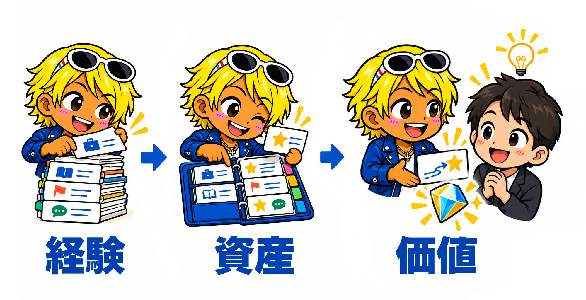 さくらさくのちびキャラが経験のカードを積み重ね、使える資産に整理し、相手の困りごとに役立つ形で届ける。経験から資産へ、資産から価値へ。